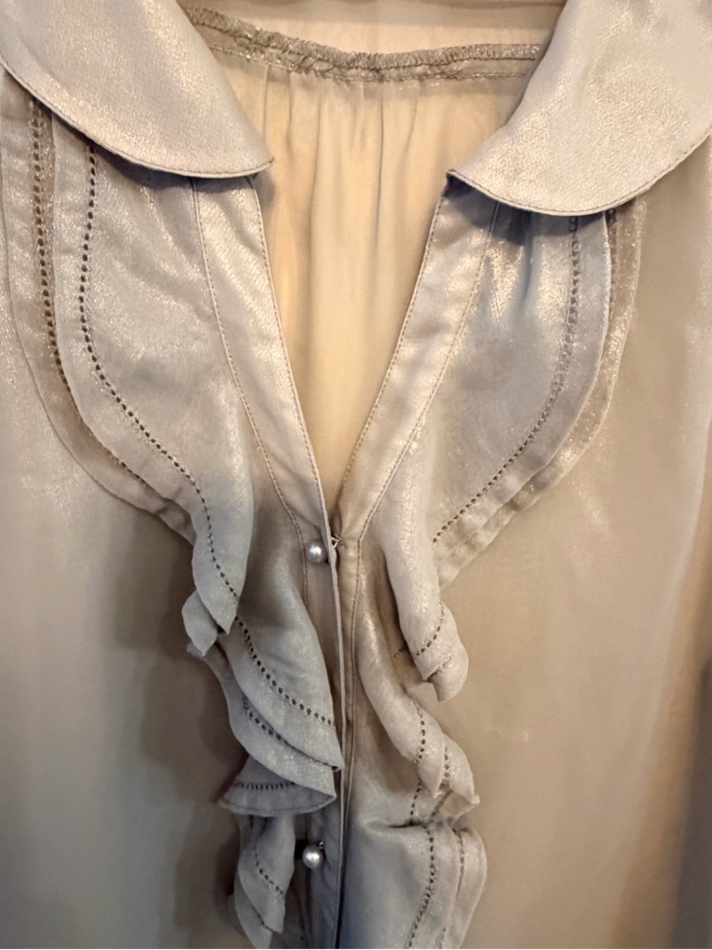Metallic Silver Sheer Ruffle Front Pintuck Blouse - Picture 5 of 7